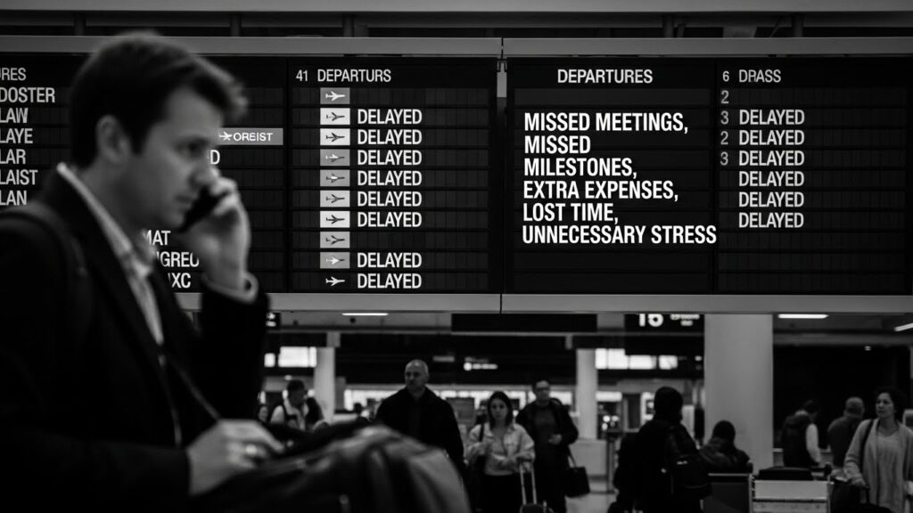 Business traveler at airport departure board showing multiple delayed flights and missed meetings