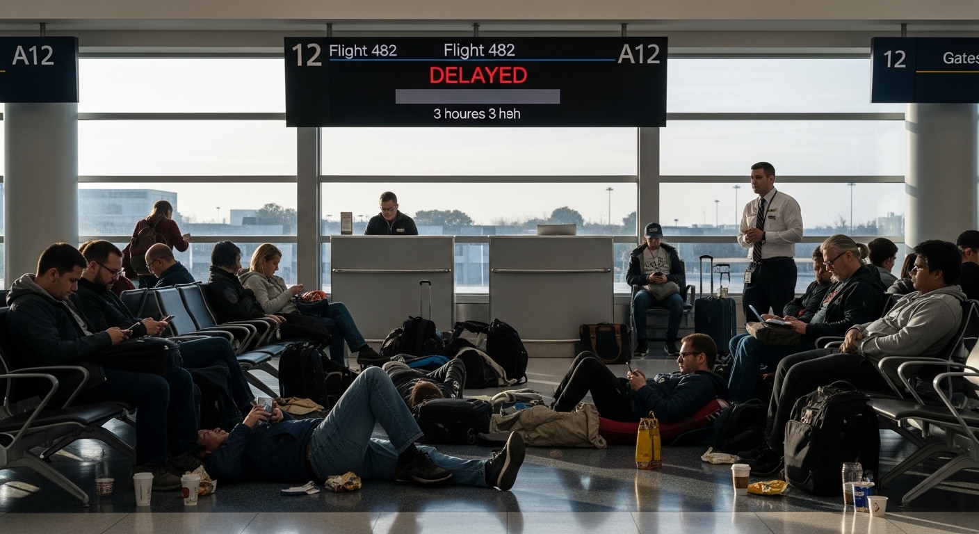 Tired passengers waiting at airport gate A12 next to a sign reading "Delayed 3 hours," with some people sleeping on the floor and others sitting with luggage.