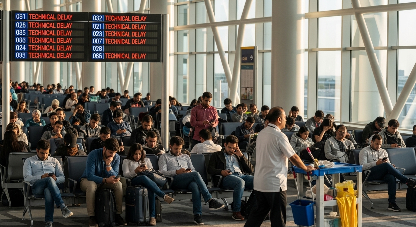 A crowded airport waiting area filled with frustrated passengers looking at their phones, with a large overhead flight board displaying "TECHNICAL DELAY" for multiple flights.