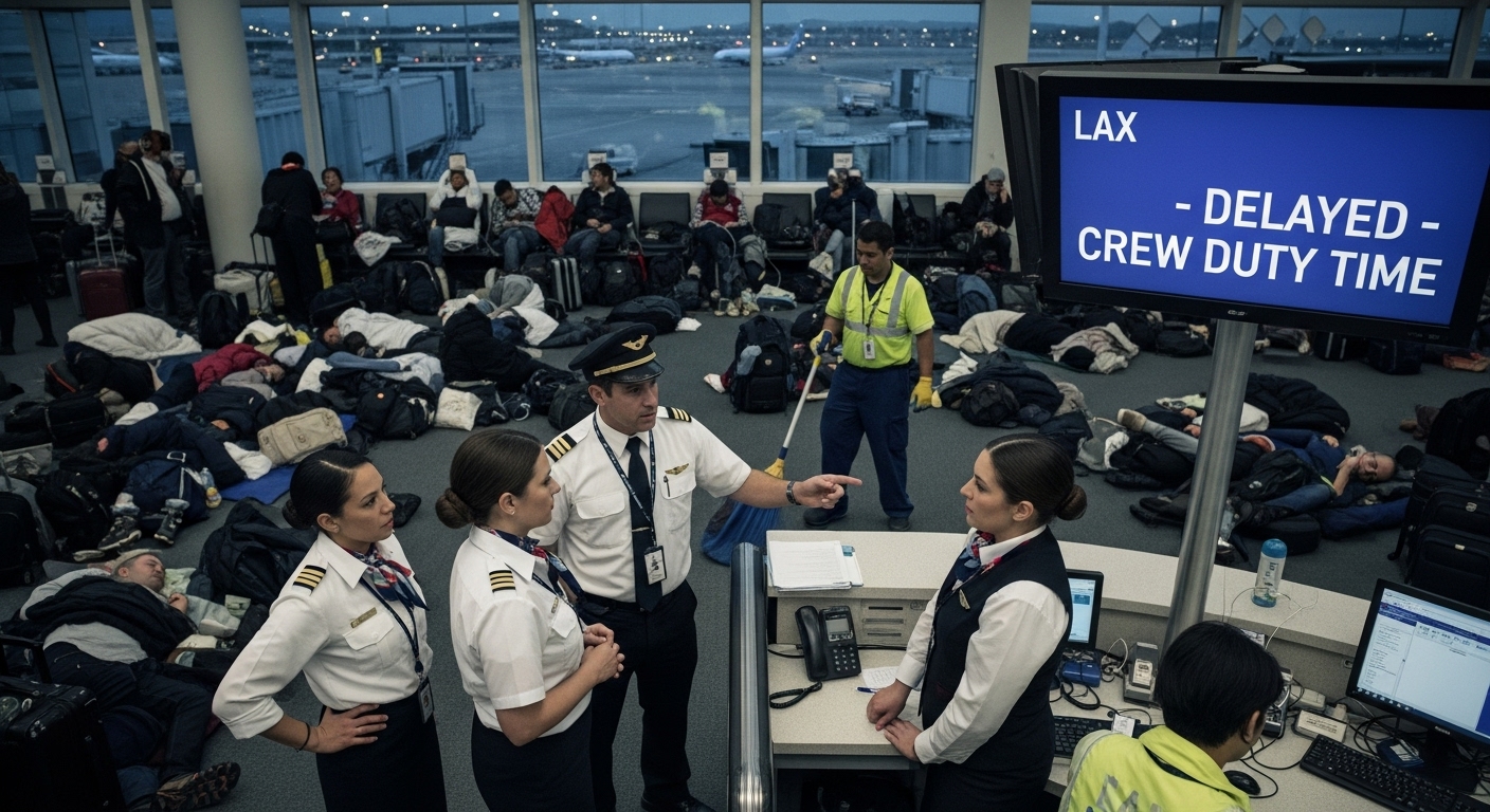At a crowded LAX terminal gate, four flight crew members in uniform discuss a flight status next to a monitor that reads "DELAYED - CREW DUTY TIME," while passengers sleep on the floor in the background.