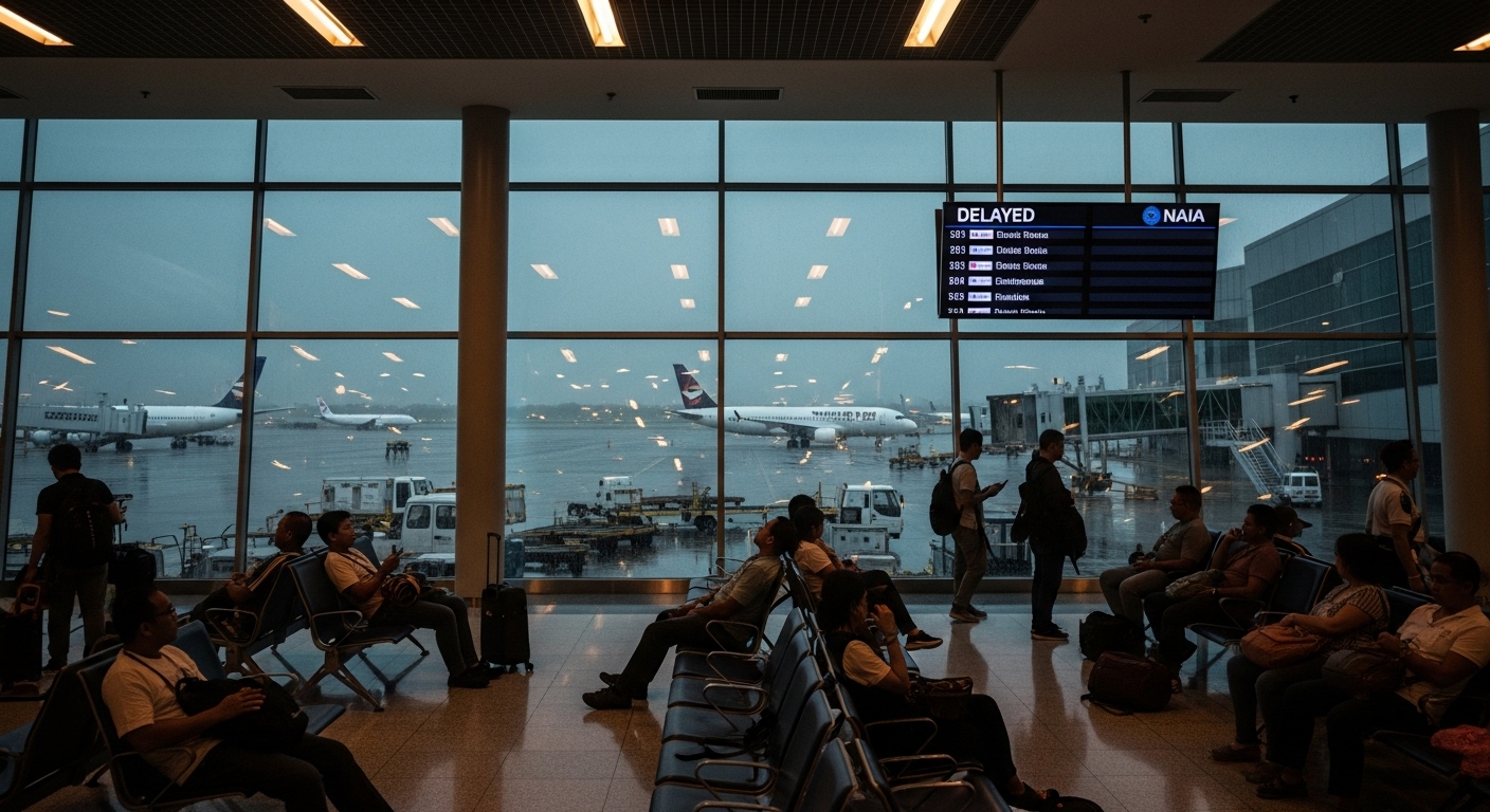 View from inside a Ninoy Aquino International Airport (NAIA) terminal showing a "DELAYED" flight board and airplanes on a rainy tarmac outside the large windows.